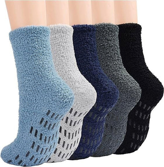 ZFSOCK Fuzzy Socks Mens Soft Cozy Fluffy Slipper Socks Non Slip Grip Socks Winter Warm Plush Sleep Sock 5 Pairs , Size 6-12