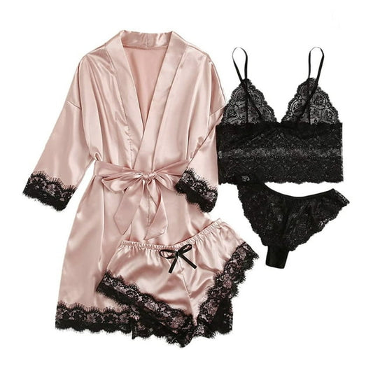 Robes for Women Satin Silk Pajamas Set 4pcs Lace Trim Cami Sexy Lingerie Sleepwear Underwear