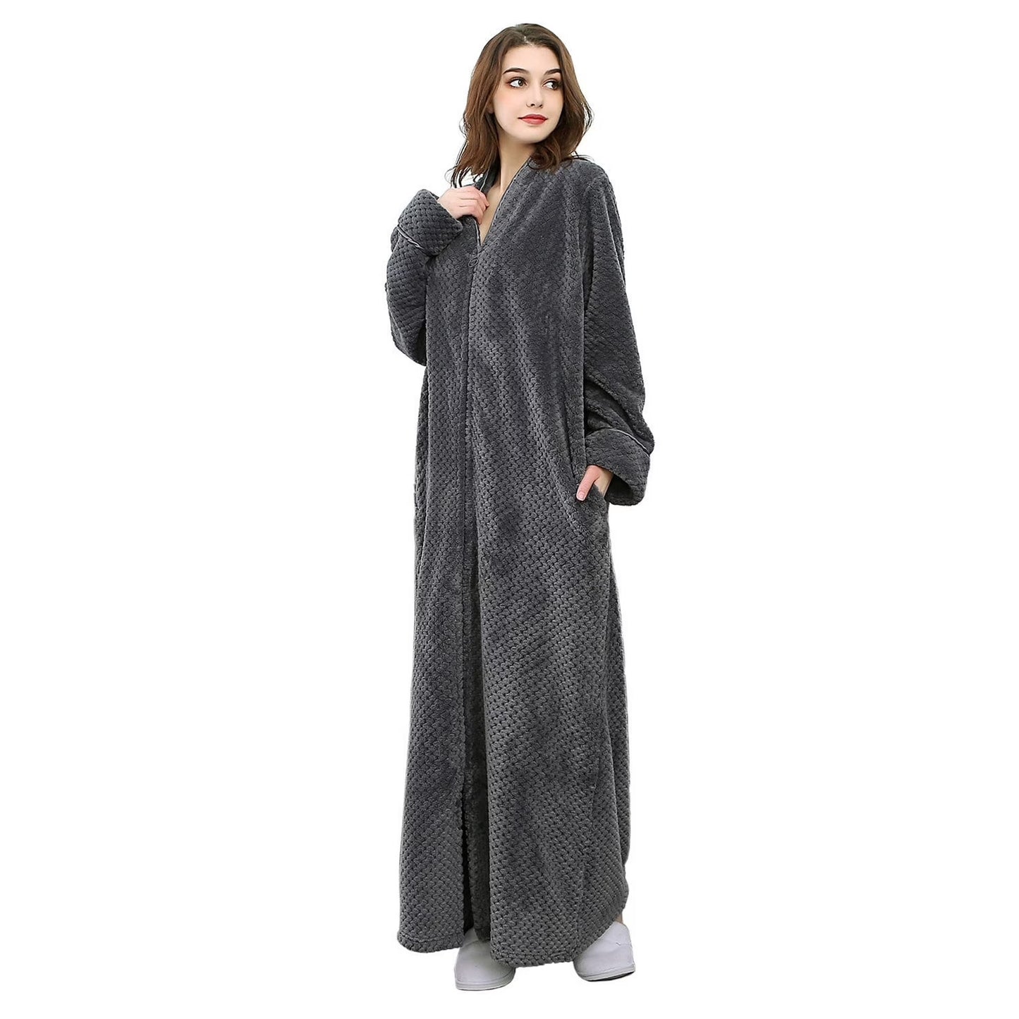 Womens Zip Up Fleece Robe Warm Loose Flannel Fleece Bathrobe Plush Zipper Lounger Robe for Ladies