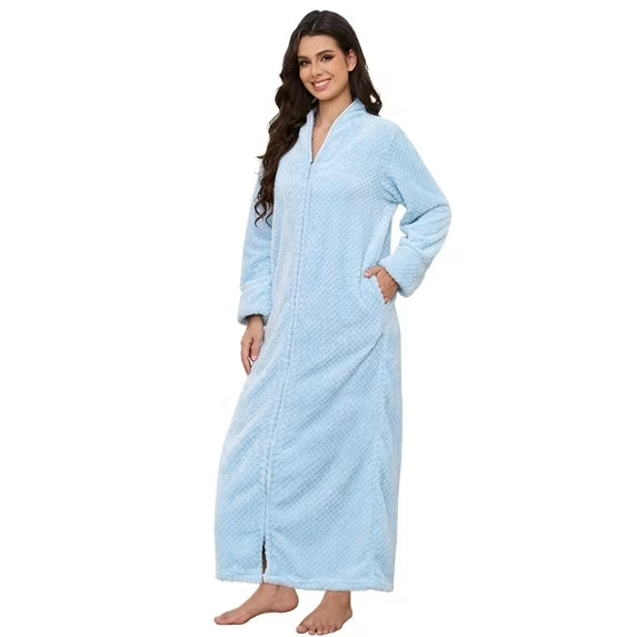 Womens Zip Up Fleece Robe Warm Loose Flannel Fleece Bathrobe Plush Zipper Lounger Robe for Ladies