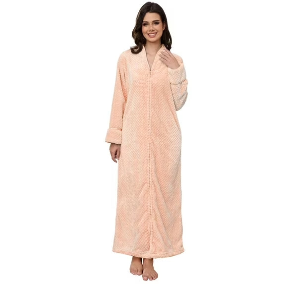 Womens Zip Up Fleece Robe Warm Loose Flannel Fleece Bathrobe Plush Zipper Lounger Robe for Ladies