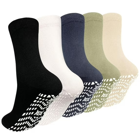 ZFSOCK 5 Pairs Non Slip Grip Socks - Non Skid Socks Ideal for Yoga, Pilates, Hospital Use - Men & Women's Crew Sticky Gripper Socks (Size 10-13)
