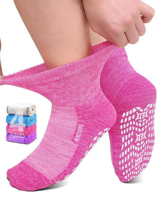 Bamboo Viscose Ankle Diabetic Socks for Men and Women, 4 Pair Non Binding Seamless Toe Slipper Socks with Non Slip Grippers for Women Wide Calf