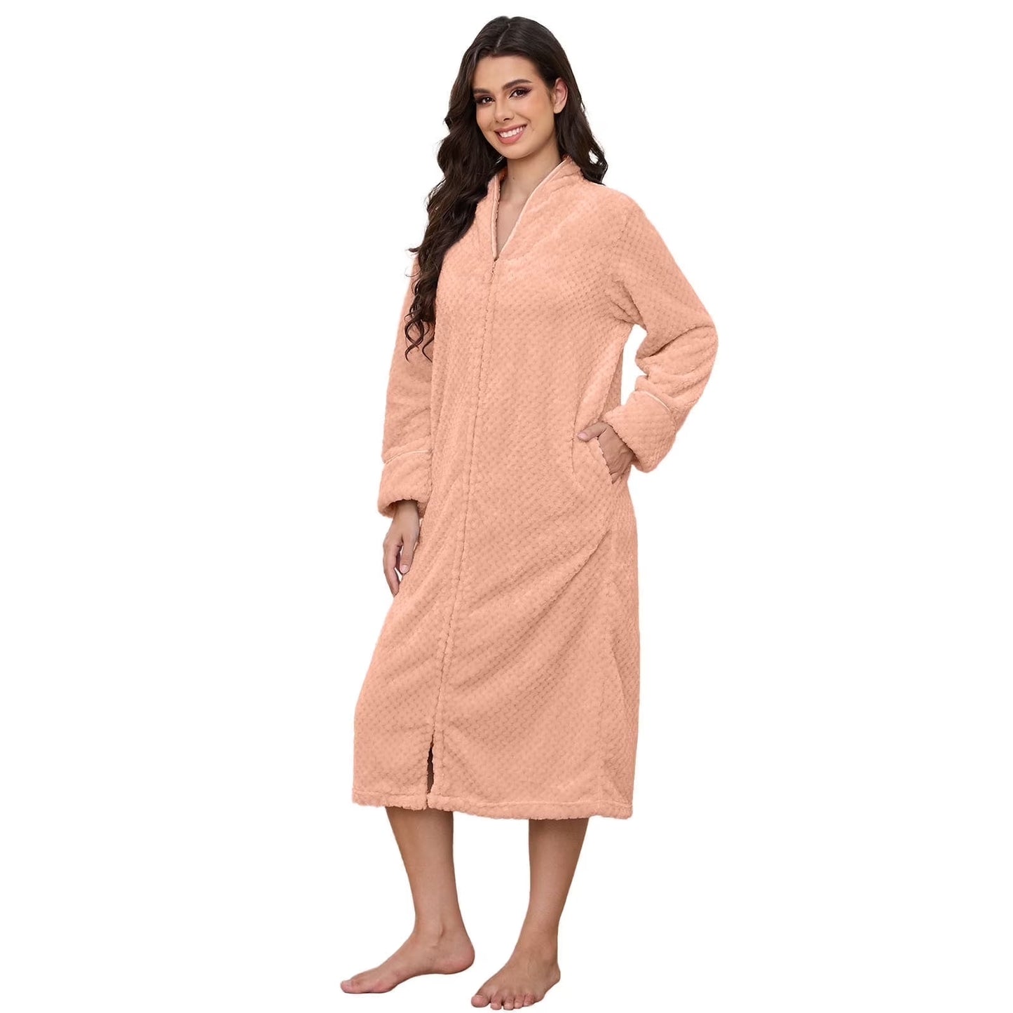 Womens Zip Up Fleece Robe Warm Loose Flannel Fleece Bathrobe Plush Zipper Lounger Robe for Ladies