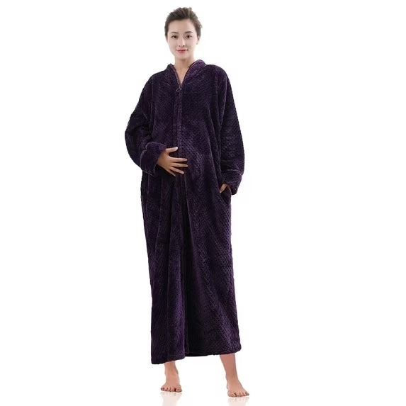 Womens Zip Up Fleece Robe Warm Loose Flannel Fleece Bathrobe Plush Zipper Lounger Robe for Ladies