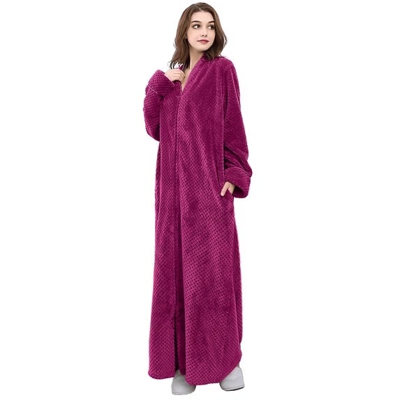 Womens Zip Up Fleece Robe Warm Loose Flannel Fleece Bathrobe Plush Zipper Lounger Robe for Ladies