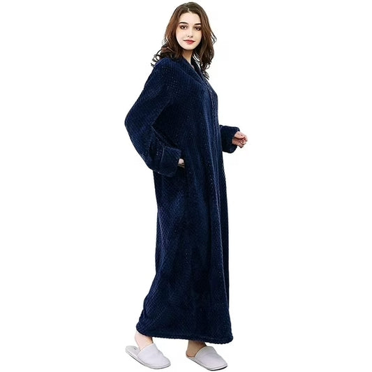 Womens Zip Up Fleece Robe Warm Loose Flannel Fleece Bathrobe Plush Zipper Lounger Robe for Ladies