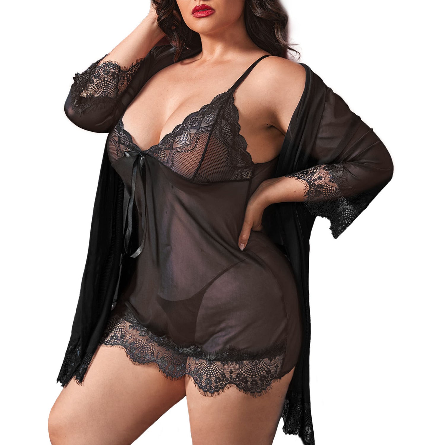 Plus Size Lingerie for Women 3-Piece Sexy Sleepwear Set V-Neck Nightgo ZFSOCK Plus Size Lingerie for Women 3-Piece Sexy Sleepwear Set V-Neck Nightgo ZFSOCK
