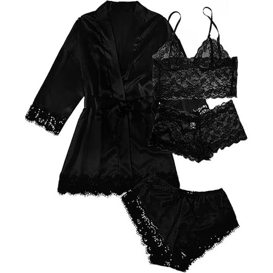 Sexy Lingerie, AMITOFO Silk Satin Lingerie Sets for Women of 4 Pcs with Floral Lace Top Shorts and Robe, Valentines Day Gift for Women, Black