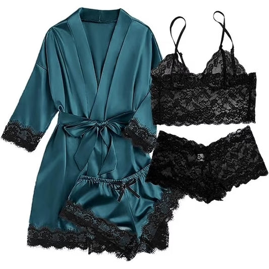 Sexy Lingerie, AMITOFO Silk Satin Lingerie Sets for Women of 4 Pcs with Floral Lace Top Shorts and Robe, Valentines Day Gift for Women, Deep Green