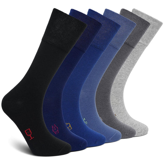 Mens Dress Socks, AMITOFO Cotton Breathable Pattern Socks with Non-Binding Loose Top, Classic Mid Calf Socks for Office and Business Wear, 6 Pairs