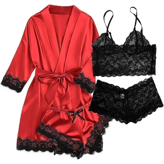 Sexy Lingerie, AMITOFO Silk Satin Lingerie Sets for Women of 4 Pcs with Floral Lace Top Shorts and Robe, Valentines Day Gift for Women, Red
