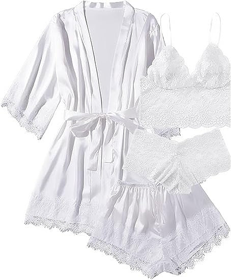 Sexy Lingerie, AMITOFO Silk Satin Lingerie Sets for Women of 4 Pcs with Floral Lace Top Shorts and Robe, Valentines Day Gift for Women, White