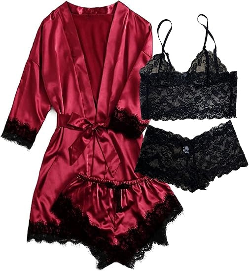Sexy Lingerie, AMITOFO Silk Satin Lingerie Sets for Women of 4 Pcs with Floral Lace Top Shorts and Robe, Valentines Day Gift for Women, Burgundy